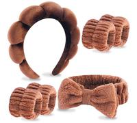 VELSCRUN Fascia per capelli da spa, per il lavaggio del viso e la cura della pelle, 6 pezzi, color caffè, con papillon in spugna color caffè, set di braccialetti per capelli, accessori per capelli