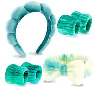 VELSCRUN Fascia per capelli da spa, per il lavaggio del viso e la cura della pelle, 6 pezzi, verde colorato, papillon in spugna per prepararsi, set di braccialetti per il viso, roba per ragazze e