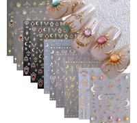 VelvetGlow Adesivi per unghie in stile boho per nail art - Stelle, lune e soli in rilievo - Design 5D autoadesivi - Decal dorate per unghie da donna (manicure fai da te) - 12 fogli