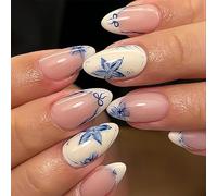 VelvetGlow Short Press-On Nails Almond, Base Nude with Beige French Tips, Blue Floral Design, Shiny Gel Finish, 24 Piece Acrylic Fake Nails Kit for Women
