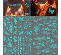 VelvetGlow Tatuaggi temporanei per donne ragazze, 9 pezzi design luminosi farfalle e fiori, tatuaggi glitterati impermeabili per viso, corpo e braccia, ideale per feste notturne