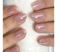 Velvoria 30er-Pack Press On Nails corto, a forma ovale, unghie corte con design color champagne effetto occhi di gatto perlato - squisito, bello, elegante e affascinante