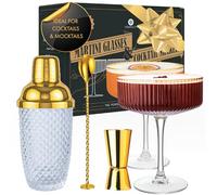 Vemacity Kit Cocktail - Shaker. Cocktail Professionale con Coperchio Oro 450ml + 2 Bicchieri Martini con Bordi Oro + Cucchiaio Bar e Jigger | Set Elegante per Barman | Ideale per Fare un Regalo