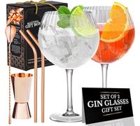 VEMACITY Set Bicchieri Gin Tonic | 2 Bicchieri a Palloncino con Effetto Increspato (550ml) | Cucchiaio Bar, Misurino e 2 Cannucce Roségold | Elegante Kit Gin Tonic Regalo | Ideale per Fare un Regalo