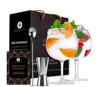 VEMACITY Set Bicchieri Gin Tonic - 2 Bicchieri + Accessori Argento | Kit Gin Tonic Regalo, ; include Cucchiaio Bar e Misurino; Per Aperitivo e Aperol Spritz; Kit Gin Tonic Regalo