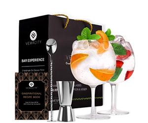 VEMACITY Set Bicchieri Gin Tonic Classico | 2 Bicchieri a Palloncino (550ml) | Cucchiaio Bar e Misurino in Argento | Kit Gin Tonic Regalo | Bicchiere per Aperol Spritz | Ideale per Fare un Regalo