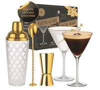 VEMACITY - Set da Cocktail - Shaker da Cocktail in Vetro Oro con Filtro Integrato + Bicchieri da Martini Espresso con Bordo Dorato, Cucchiaio da Bar e Misurino | Ideale per Fare un Regalo