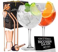 VEMACITY Set di 2 Bicchieri Gin Tonic Rigati | Bicchieri Fatto a Mano con 2 Cannucce Metalliche, Cucchiaio, Misurino Cocktail | Ricetta PDF | Gin Tonic Kit Regalo