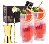 VEMACITY Set di 2 Bicchieri Gin Tonic Rigati con Bordi Dorati | Bicchieri Cocktail Alti | 2 Cannucce, Cucchiaino e Misurino in Oro | Ricetta PDF | Gin Tonic Kit Regalo