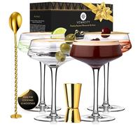 VEMACITY Set di 4 Bicchieri Martini di Lusso | Bicchieri Cocktail in Vetro con Bordo Dorato | Cucchiaio e Jigger Dorato | Ricette eBook | Bicchiere Coupe | Ideale per Fare un Regalo