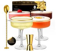 VEMACITY Set di 4 Bicchieri Martini Ondulati | Bicchieri Cocktail in Vetro con Bordo Dorato | Cucchiaio e Jigger Dorato | Bicchiere Coupe | Ideale per Fare un Regalo