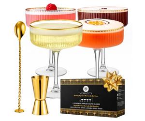 VEMACITY Set di 4 Bicchieri Martini Ondulati | Bicchieri Cocktail in Vetro con Bordo Dorato | Cucchiaio e Jigger Dorato | Bicchiere Coupe | Ideale per Fare un Regalo