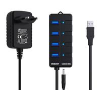 VEMONT Hub USB con alimentatore di rete, 4 porte, USB 3.0, adattatore attivo e singolo interruttore on/off, cavo da 1,2 m, con alimentatore di rete da 5 V/3 A, per PC/laptop e ultrabook