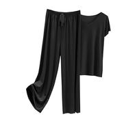 VEMOW Accogliente pigiama da donna, 2 pezzi, a maniche corte, con scollo a V, con pantaloni a 7/8, blu/nero, morbido, comodo, traspirante, moderno, biancheria da notte estiva, D-nero., 4XL