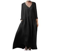 VEMOW Caldo Elegante Donne Delle Donne Plus Size Cotone Lino Abito Boemia Casual Solido Scollo A V Manica Corta Casual Del Partito Sciolto, X3-nero., L