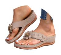 VEMOW Infradito da donna con fiori in tessuto e plateau morbido, eleganti sandali a T, infradito comode per spiaggia, vacanze e vita quotidiana rilassata in una bella estate calda, cachi, 38 EU
