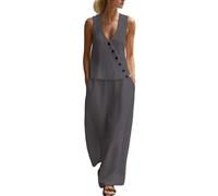 VEMOW Set da due pezzi, cotone e lino, top senza maniche, scollo a V, abbottonatura, pantaloni a gamba larga, per tutti i giorni, yoga, vacanze, estate, grigio., L
