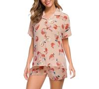 VEMOW Set pigiama da 2 pezzi, camicia a maniche corte con motivo ciliegia e orso, morbida e traspirante, biancheria da notte estiva dolce e rilassante, tuta kawaii per la casa da donna, comoda, Oro