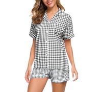 VEMOW Set pigiama da 2 pezzi, camicia a maniche corte con motivo ciliegia e orso, morbida e traspirante, biancheria da notte estiva dolce e rilassante, tuta kawaii per la casa da donna, comoda, grigio