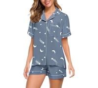 VEMOW Set pigiama da 2 pezzi, camicia a maniche corte con motivo ciliegia e orso, morbida e traspirante, biancheria da notte estiva dolce e rilassante, tuta kawaii per la casa da donna, comoda, Blu-B