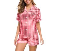VEMOW Set pigiama da 2 pezzi, camicia a maniche corte con motivo ciliegia e orso, morbida e traspirante, biancheria da notte estiva dolce e rilassante, tuta kawaii per la casa da donna, comoda