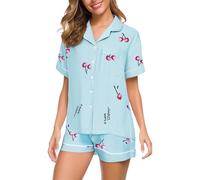 VEMOW Set pigiama da 2 pezzi, camicia a maniche corte con motivo ciliegia e orso, morbida e traspirante, biancheria da notte estiva dolce e rilassante, tuta kawaii per la casa da donna, comoda