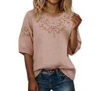 VEMOW Top Donna in Cotone con delicati Ricami Floreali, Girocollo e Maniche a 3/4, Tessuto Morbido Leggero, Adatto per Look Casual Primaverili ed Estivi nel Tempo Libero Quotidiano(Pink, XXL)