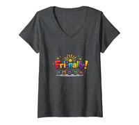 Venerdì! Celebrazione Colorata per i guerrieri del fine Settimana Maglietta con Collo a V, Donna, Grigio Scuro, S