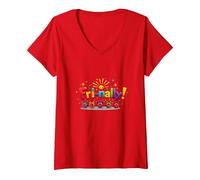 Venerdì! Celebrazione Colorata per i guerrieri del fine Settimana Maglietta con Collo a V, Donna, Rosso, M