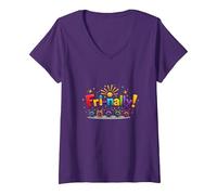 Venerdì! Celebrazione Colorata per i guerrieri del fine Settimana Maglietta con Collo a V, Donna, Viola, XXL