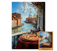 Venice Balcony Pizza Puzzle | Romantic Canal View Wooden Jigsaw with Wine & Sunset | Italy Travel Art Gift for Food Lovers and Decor Fans (XXL-1000PECES)