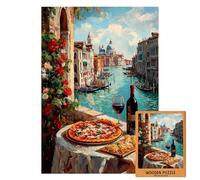 Venice Italy Wooden Puzzle | Pizza and Wine on Canal View Balcony | Romantic Italian Scene | Food and Travel Art Puzzle | Gift for Adults (S-50PIECES)