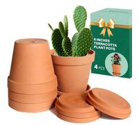 vensovo Vasi in terracotta e argilla da 15,2 cm per piante con sottovaso, confezione da 4 fioriere medie in terracotta con foro di drenaggio, vaso da fiori per piante da interno ed esterno