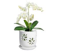 vensovo Vaso per orchidee da 15 cm, con fori e piattino, in ceramica bianca, con drenaggio per rinvaso, salute delle radici e cura delle orchidee, vaso decorativo per piante da interni ed esterni