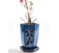 vensovo Vaso per orchidee in ceramica da 10 cm, con fori e piattino, 1 piccolo vaso esagonale per rinvaso, vaso da giardino per piante da interno ed esterno, favorisce la circolazione dell'aria (blu)