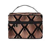 Ventagli Art Déco in oro rosa su nero, borsa da viaggio per il trucco da donna, grande organizer per cosmetici