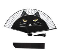 Ventagli Pieghevoli, Ventaglio da Borsetta, Motivo Gatto, Ventagli Giapponese Pieghevole Bambù con Frangia in Seta, Nero, per Danza Feste Matrimonio Cosplay