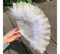 Ventaglio di piume, Ventaglio di piume portatile pieghevole, ventaglio Ornamento Cheongsam tenuto in mano for spettacoli danza multicolore(White,WIth Tassel)