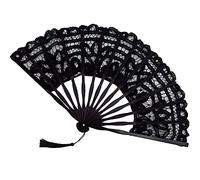 Ventaglio pieghevole da donna in pizzo, elegante ventaglio in cotone, fatto a mano, stile vintage, con doghe in bambù e nappe di seta, per matrimoni, feste di ballo e feste (nero)