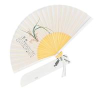 Ventaglio pieghevole in bambù bianco con custodia a ventaglio. Il ventaglio è stampato con caratteri cinesi e orchidee. Dimensioni da aperto: 23 x 41 cm.