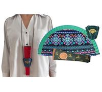 Ventaglio pieghevole in legno con custodia e ventaglio. Stampa originale su un lato, fodera in tela crermallera e ventaglio in pelle (verde neon)