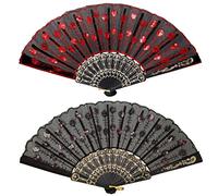 Ventaglio pieghevole in tessuto con paillettes, ricamato, fiore e pizzo, in tessuto a ventaglio a forma di pavone, in plastica, pieghevole, per donne (nero e rosso)