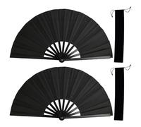 Ventaglio pieghevole nero grande, 33,3 cm, per danza, struttura in legno, tessuto di seta, con borse portaoggetti fatte a mano per spettacoli teatrali e balli di linea, 2 pezzi