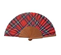 Ventaglio spagnolo Tartán Rojo - Legno e cotone - 23 cm - Custodia in yute natural - Accessorio moda - Fatto a mano in Spagna - Eventi e regali - La nostra collezione classica - Tusitala Barcelona