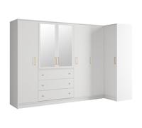 Vente-unique-Armadio angolare 6 ante e 3 cassetti Con specchi L311 cm Bianco - LIZANDRO