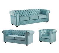 Vente-unique - Divano 3 posti+ Divano 2 posti + Poltrona Chesterfield - velluto - azzurro cielo