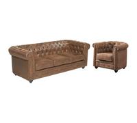 Vente-unique - Divano 3 posti + Poltrona Chesterfield - microfibra - marrone