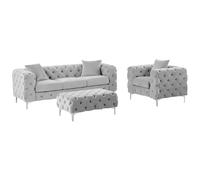 Vente-unique - Divano a 3 posti, poltrona e pouf Chesterfield in Velluto Grigio Chiaro Edwina