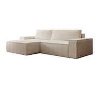 Vente-unique - Divano angolare sinistro pieghevole in velluto a coste grandi costole beige Amelia