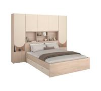 Vente-unique-Letto a ponte 140 x 190 cm con vani portaoggetti - Con LED - Beige e le - DOMELITO